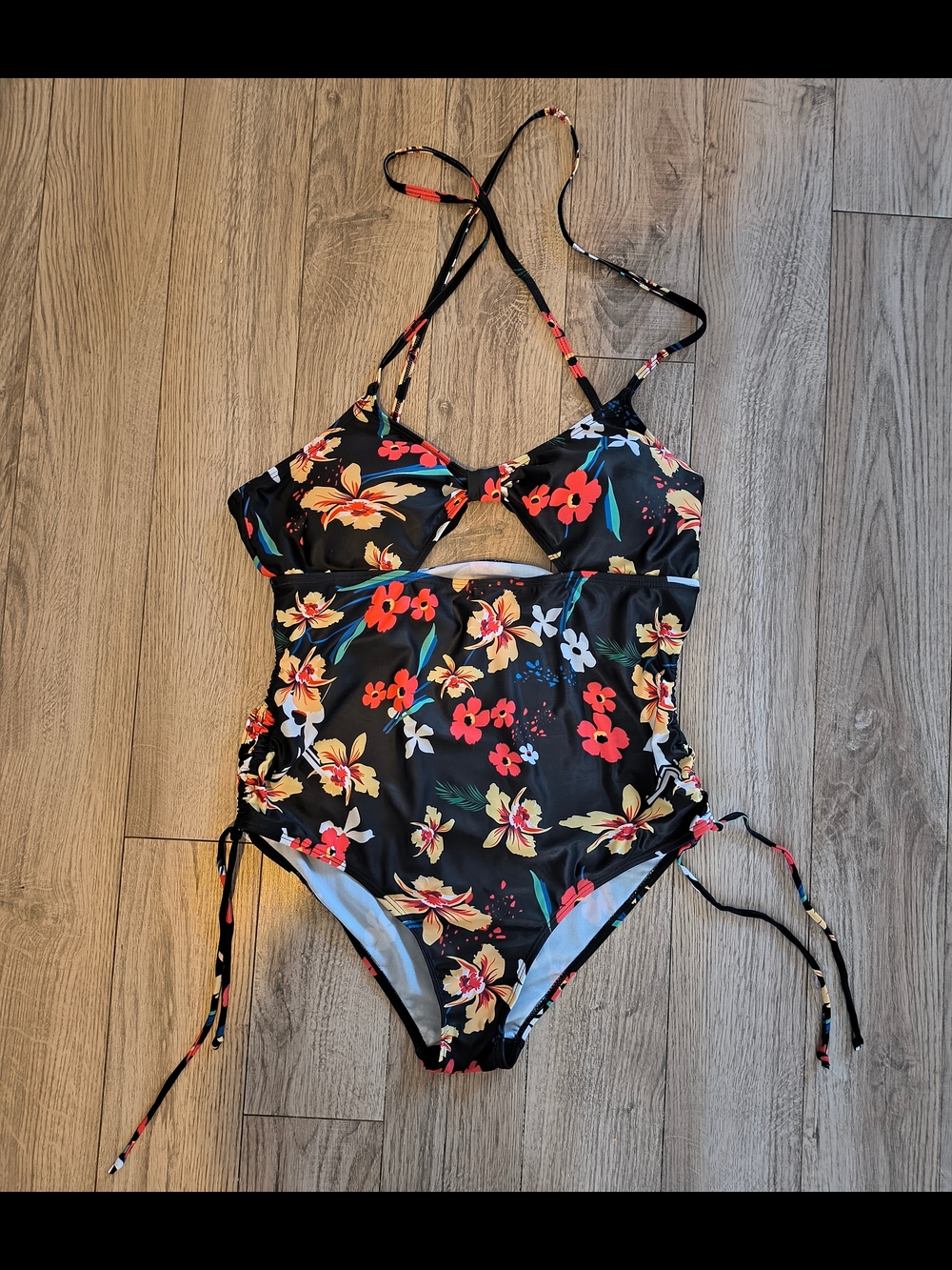 Floral One-Piece Swimsuit - Black with Red & Yellow Flowers